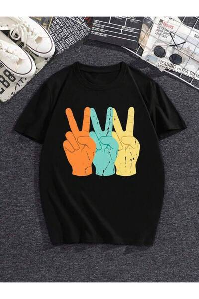 21JNRY Men's Pattern Printed Short-Sleeve T-Shirt | Black, With Colorful Peac...