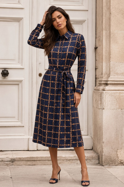 HÇ Hülya Çelik KİDSWEAR 2018 Kadın Kuşaklı Zincir Desenli Midi Gömlek Elbise - Lacivert