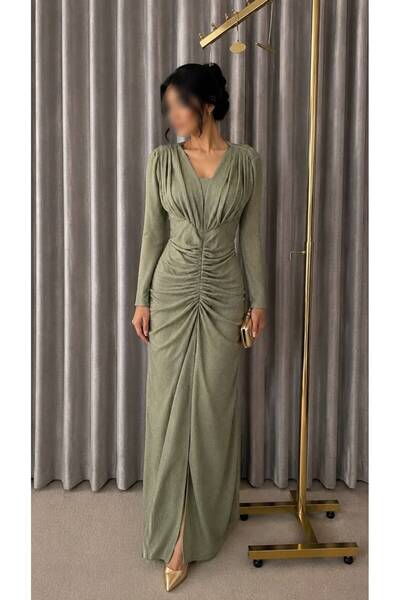 ELORA FASHION Long Evening Dress with V-Neck and Ruffle Details.