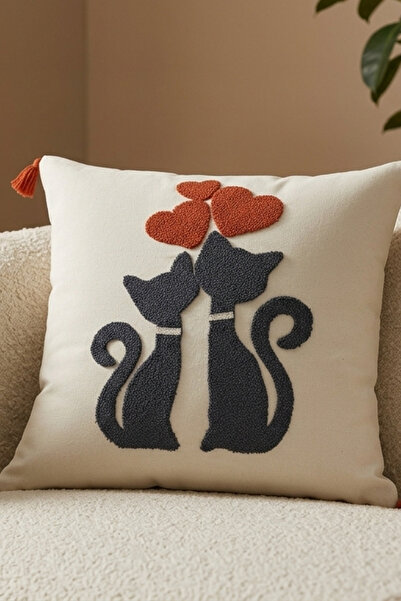 Dokuvia İki Kedi ve Kalp Motifli Kabartmalı Punch Nakışlı Püsküllü Dekoratif ...