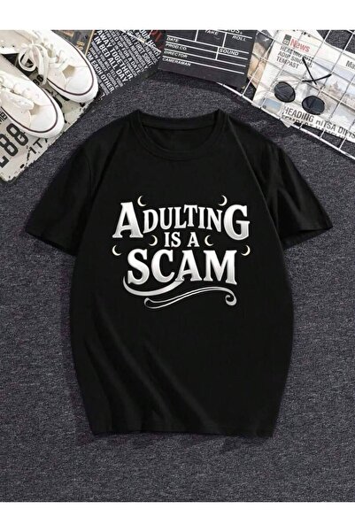 2BIR تي شيرت نسائي بمقاسات كبيرة، أسود/أبيض، مطبوع عليه نص "Scam"، برقبة دائر...