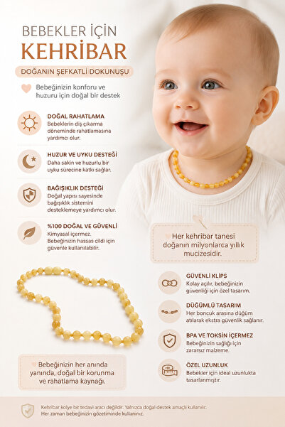 Jaju Baby Başlık: Doğal Kehribar Bebek Kolyesi 30 cm