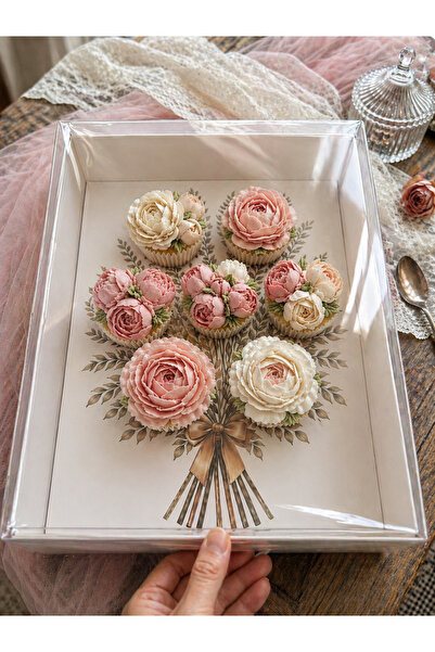 EgeConcept BUKET CUP CAKE KUTUSU FULL ASETAT KAPAKLI YAPRAK BASKILI (7 BÖLMEL...