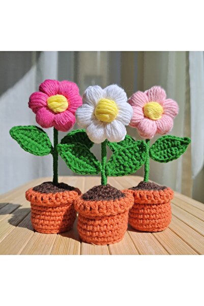 El Örgüsü Amigurumi 3'lü Çiçek Saksı Seti