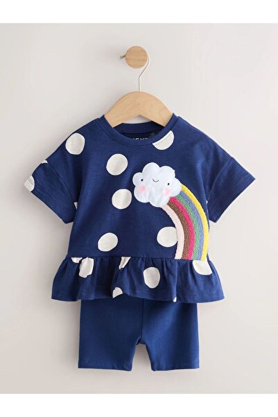 Next Baby Cotton Navy Blue Cloud Patterned Short Sleeve Top and Bottom Set