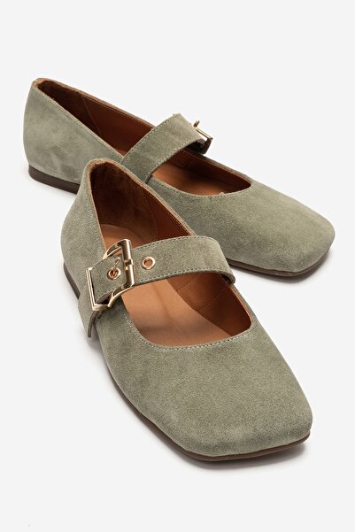 LuviShoes Jonas Green Suede Genuine Leather Women's Ballerina Shoes with Belt