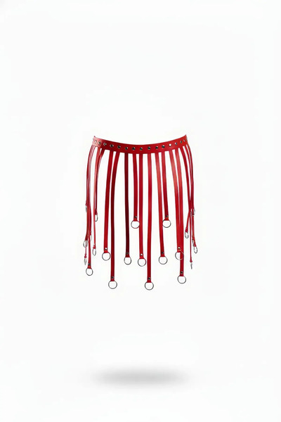 Angels Passion Red Ring Detailed Faux Leather Tassel Belt Skirt