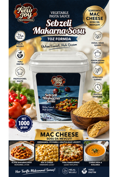 chef's new joy professional Sebzeli Makarna Sosu 1000 gr Vegetable Pasta Sauce - Helal Belgeli, Yerli Üretim