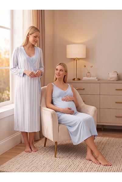 Lohussa New Season Blue Summer Line Detailed Design with Breastfeeding Featur...