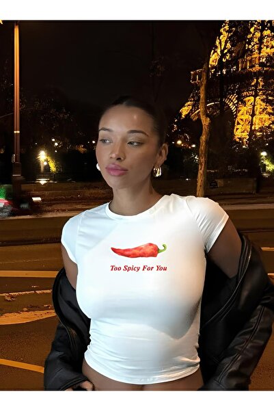 designedfy Γυναικείο λευκό μπλουζάκι με στάμπα Spicy For You, σε στυλ Baby Tee