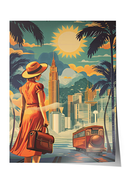 Zestia Poster Premium de călătorie vintage, Figură feminină elegantă în oraș,...