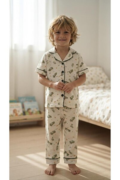 Sinem Çeyiz Dlş 6078 Boy's 100% Cotton White Dino Combed Cotton Buttoned Paja...