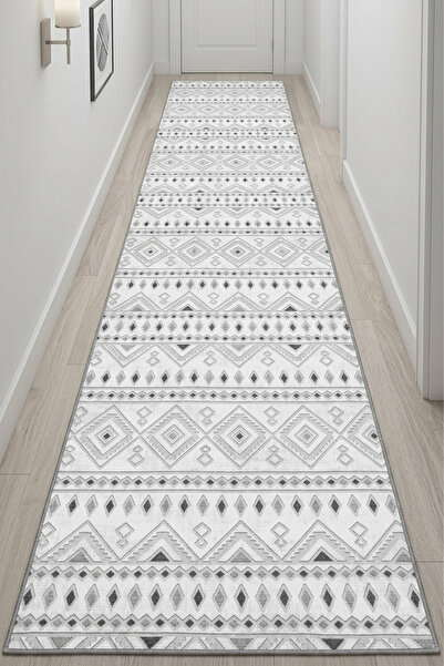 Raschel Carpet Premium Yıkanabilir Leke Tutmaz Modern Yolluk Etnik Desen Gri ...