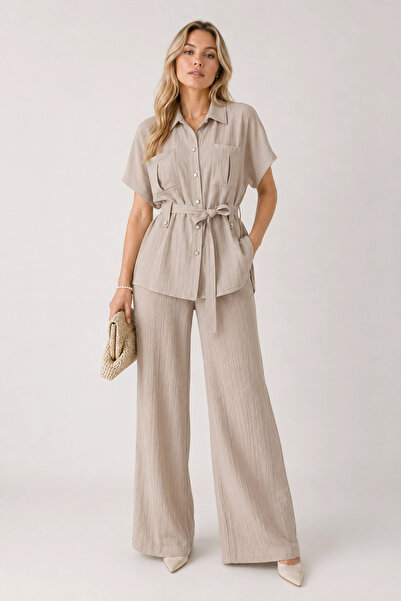 MetuCA Women's Cream Stone Buttoned Linen Double Suit Belted Wide Leg Trousers