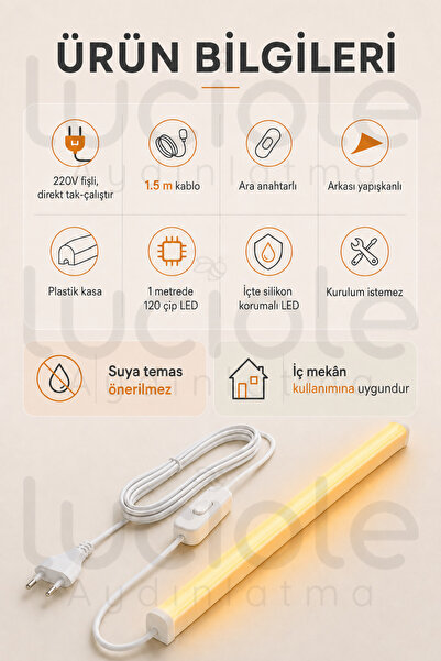 luciole 220V Amber LED Bar 100 cm Fişli Anahtarlı Yapışkanlı Tezgah Altı Dolap İçi Aydınlatma