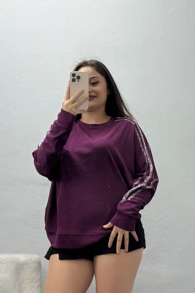 BELENDİR بلوزة نسائية مودال بتفاصيل مخططة من قماش السويت شيرت باللون البرقوق
