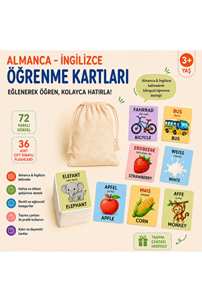 lnly Almanca İngilizce Eğitici Flashcard – Çocuklar İçin 36 Çift Taraflı Keli...