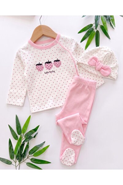 Ege Bebek Baby Girl Polka Dot Strawberry Embroidered Hat 3-Piece Newborn 0-3 ...