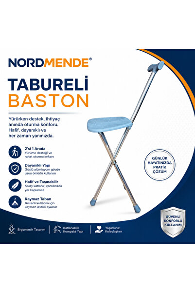 Nordmende Tabureli Baston Oturaklı Katlanabilir Yürüyüş Bastonu Taşınabilir B...