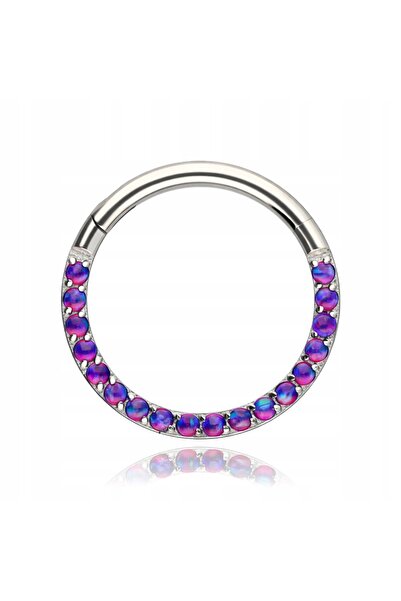 NO BRAND Cercel tip clicker din titan cu opal violet OP52 - Argintiu 1.2/8