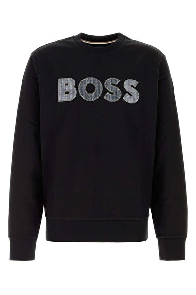 BOSS Men's Regular Fit Logo Printed Round Neck Cotton Long Sleeve Black T-Shirt