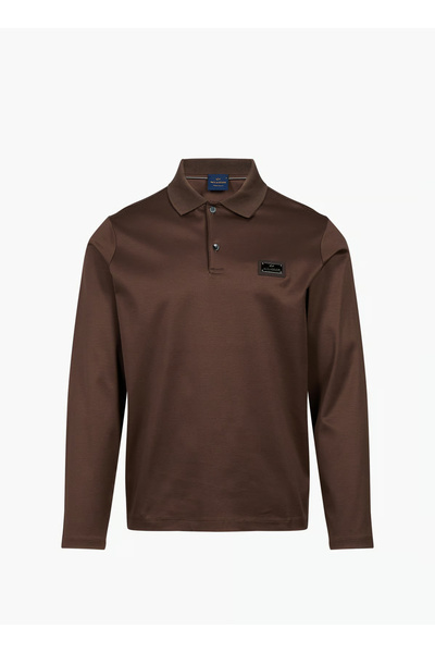 PAUL&SHARK Men's Regular Fit Cotton Logo Label Long Sleeve Brown Polo Collar ...