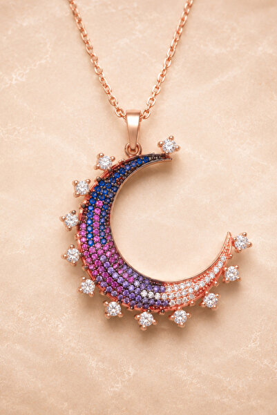 925 Ayar Gümüş Rose Gold Kaplama Renkli Hilal Kolye - Starlit Crescent