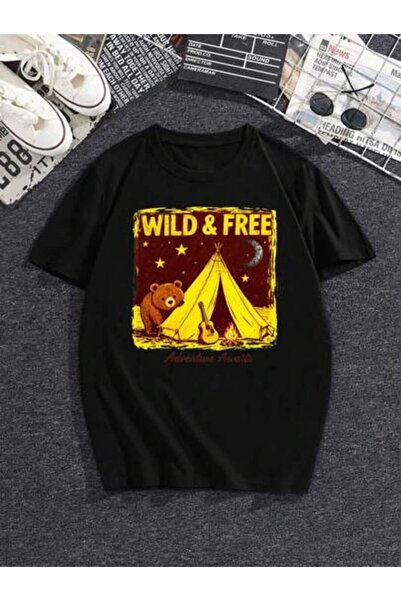 25W تي شيرت بأكمام قصيرة وياقة دائرية مطبوع عليه "Wild & Free" Vintage Campin...
