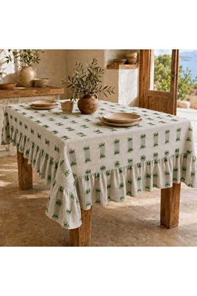 shules collection Buldan Linen Tasseled Ruffled Bohemian Tablecloth – Natural...