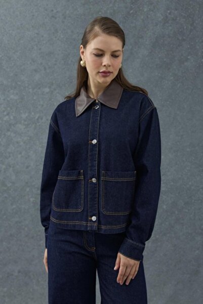 ELBEE Navy Blue Leather Garni Collar Detailed Denim Jacket