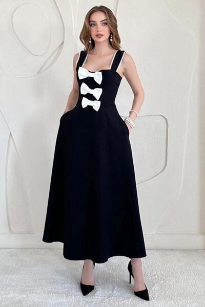 Elbee Fashion Woman Black Bow Detailed Embellished Dress