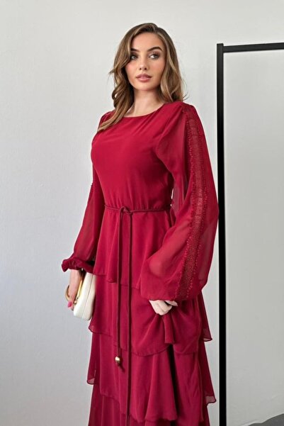 Elbee Fashion Woman Burgundy sleeve lace detailed lined layered chiffon dress