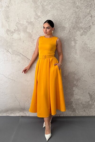 Elbee Fashion Woman Mustard Halter Neck Flared Dress