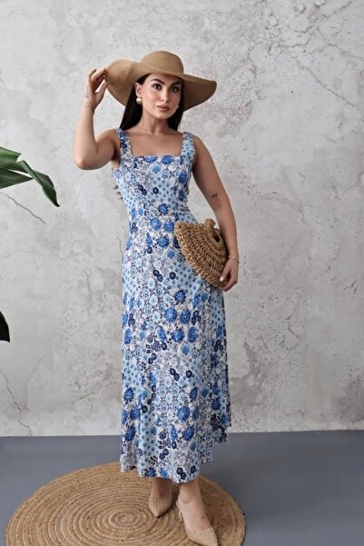 ELBEE Blue Floral Viscose Dress