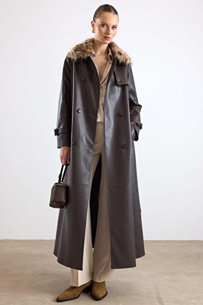 Olcay Removable Leopard Pattern Fur Long Leather Trench Coat Brown 6893