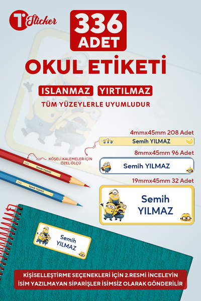 birtasarım 336 Adet Kişiye Özel Okul Etiketi MİNYONLAR