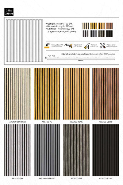 Dekonil Mdf Ahşap Keçeli Akustik Duvar Paneli 100x275 cm - Beyaz Gri