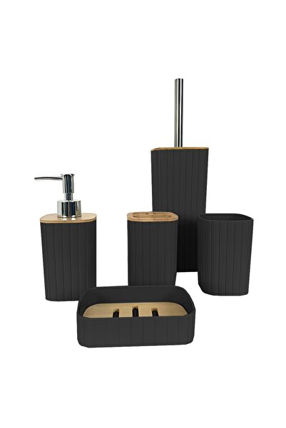 MACVI Set de 5 accesorii minimaliste pentru baie cu detalii din bambus — Eleg...