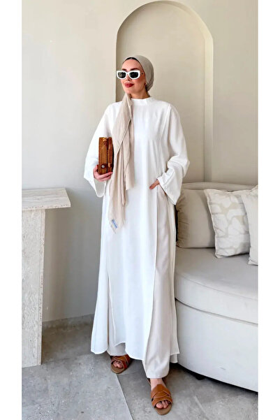 RFK Butik Kadın Seyyar Kemerli Tensel Yırtmaç Detaylı Tunik Boy Bluz - Beyaz