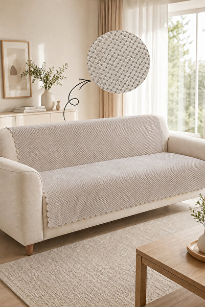 Sevim Non-Slip Base Plush Sofa Cover - Wellsoft Sofa Cover - 170X210 cm - Beige