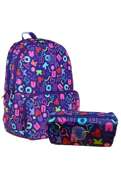 KAUKKO Girl's Navy Blue Patterned School Backpack and Three Compartment Penci...