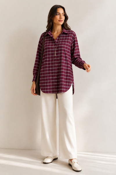 Meşe Moda Women's Plaid Patterned Burgundy Oversize Shirt - Tunic