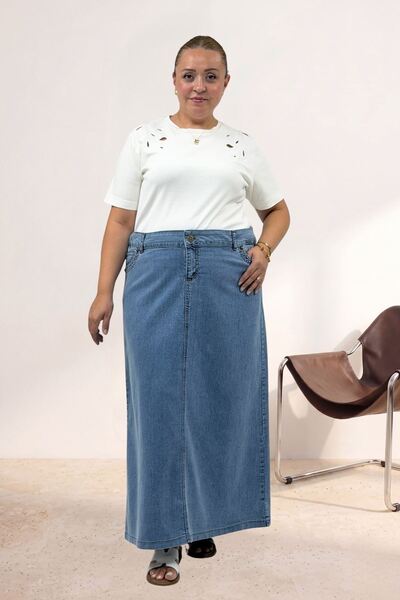 Eslina 2109 Denim Skirt with Button Detail - Ice Blue