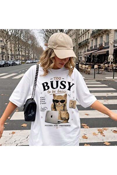 LELVANİ Too Busy to Be Basic Cat Drinking Coffee with Glasses Printed T-Shirt
