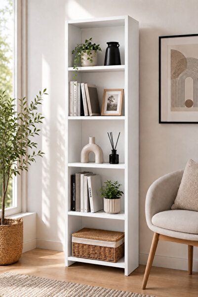 Alazca 5 Raflı Dar Kitaplık 160x41x20 cm – Dekoratif Çok Amaçlı Kitaplık, Sal...