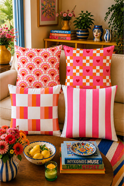 ASDİVA Set of 4 Decorative Throw Pillow Covers with Pink Hearts and Stripes -...