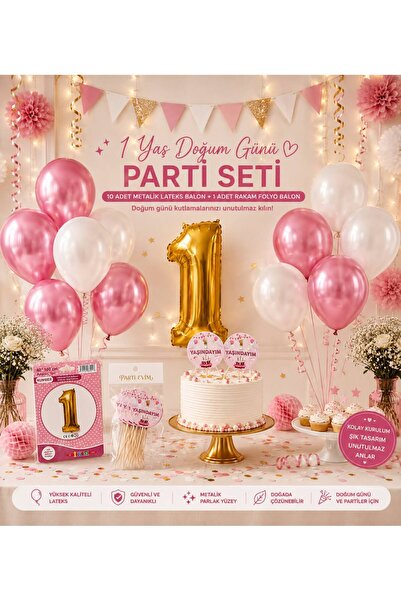 1 Yaş Kız Doğum Günü Seti-Beş Beyaz Beş Pembe Metalik Balon-1 Yai Helyum Balon-1 Yaş Kürdan