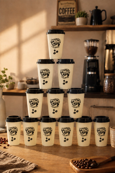 HOMENIVA Set of 12 Coffee Cups with Lids, Black Lids, Patterned Take Away Cups