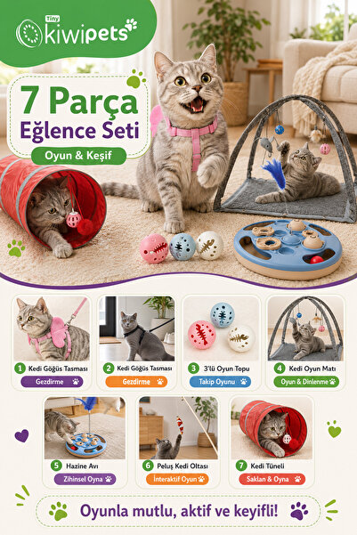 Tiny Kiwipets 7 Piece Cat Toy and Entertainment Set |   Chest Harness, Tunnel...
