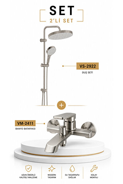 Valtemo VALENTINI + BIGART 2'Lİ BANYO VE ROBOT DUŞ SETİ - FIRÇALI NİKEL